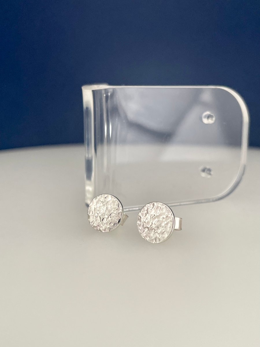 Sterling Silver Round Disc Ear Stud Earrings 8mm  - Hammered-Sparkly - Handmade