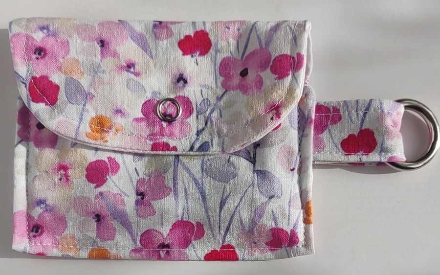 Card Holder Purse - purple and pink flower design, fastener, and attachment clip