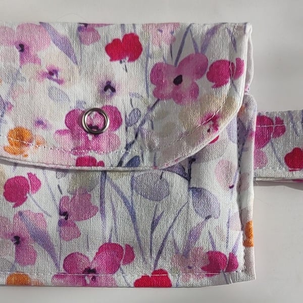 Card Holder Purse - purple and pink flower design, fastener, and attachment clip