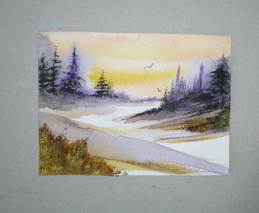original art miniature watercolour landscape  painting ( ref FA 658 J2 )