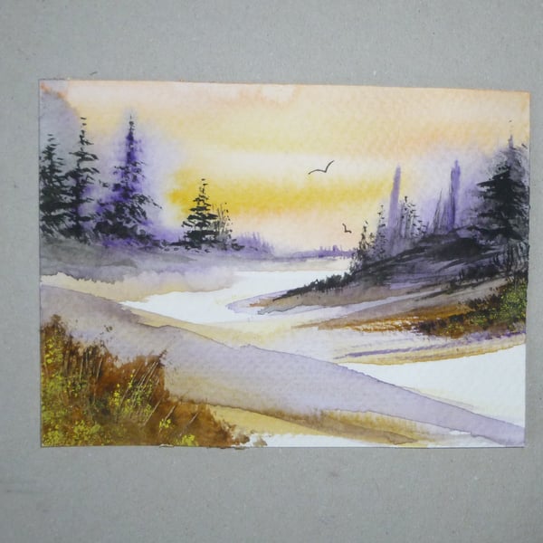 original art miniature watercolour landscape  painting ( ref FA 658 J2 )
