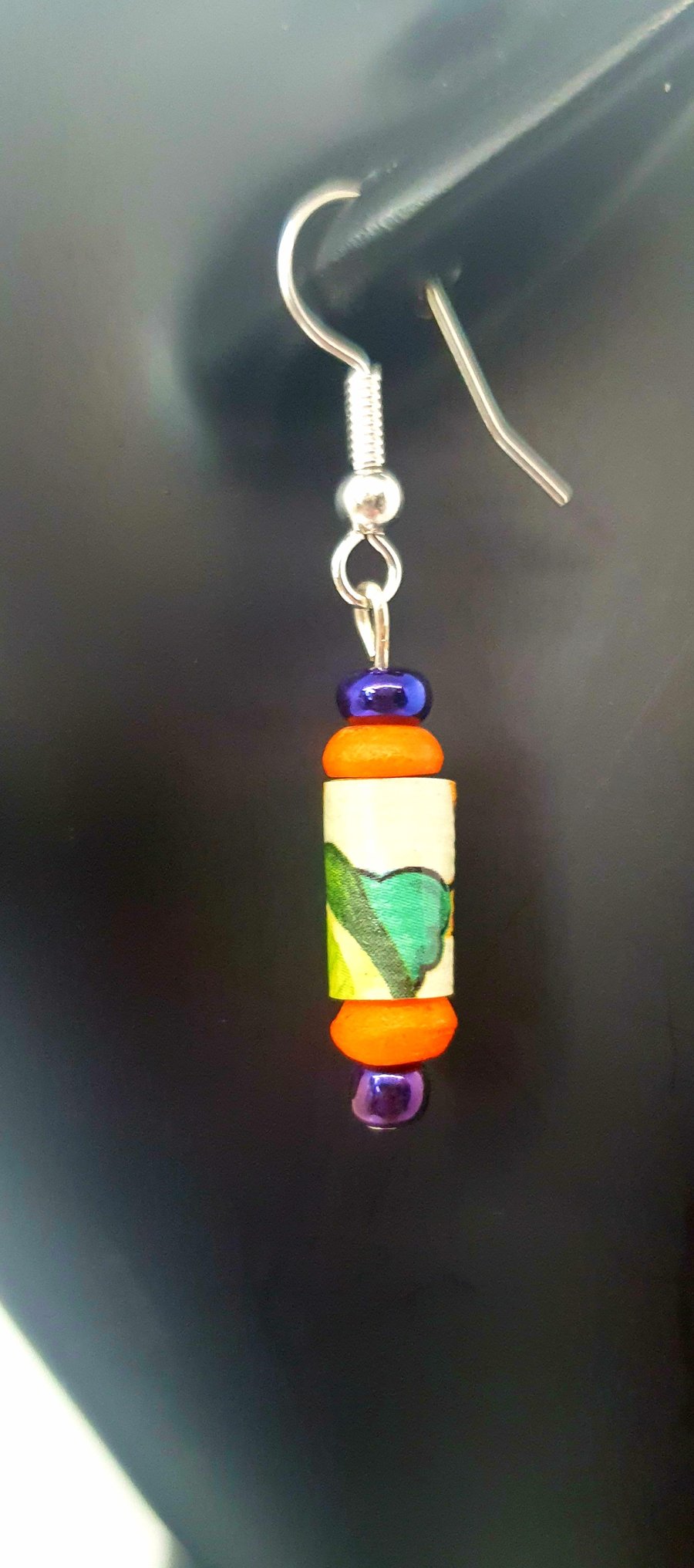 Colourful orange, blue and green paper beaded earrings