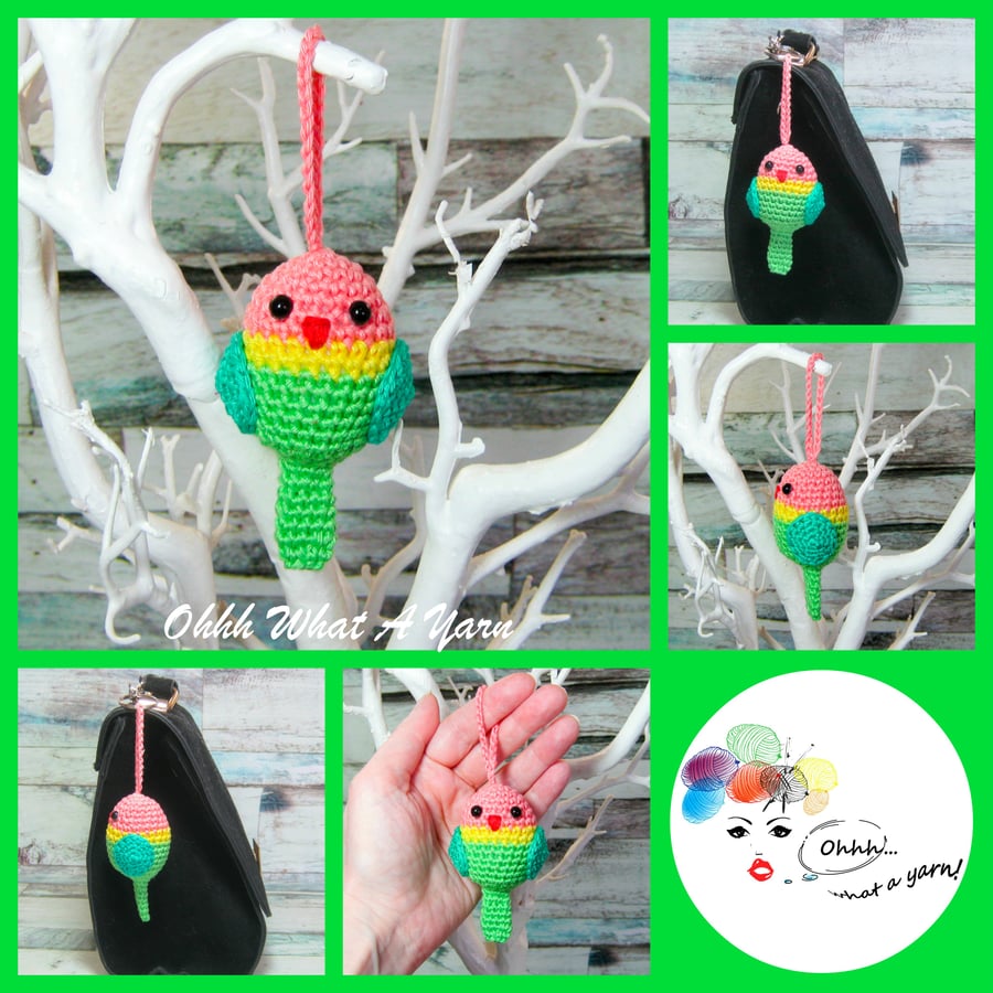 Crochet lovebird hanging decoration, bag charm, key ring, key chain