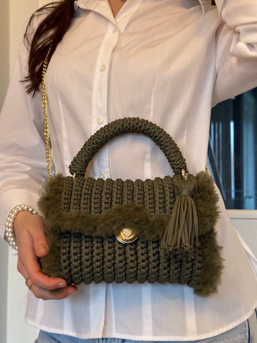 Handmade Khaki Crochet Handbag with Fluffy Knit & Removable Strap