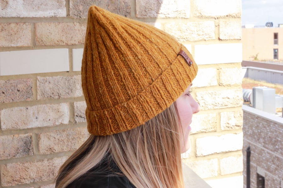 Hand knitted ribbed mustard yellow women's hat