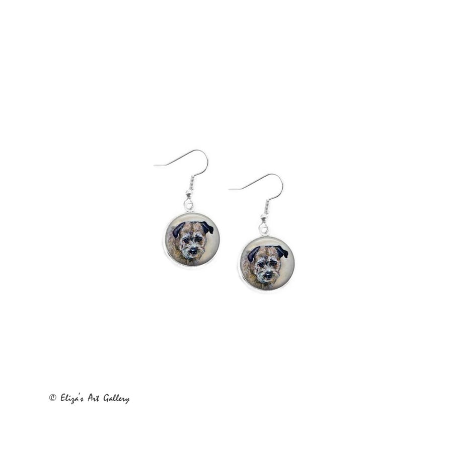 Silver Plated Border Terrier Dog Art 16mm Earrings
