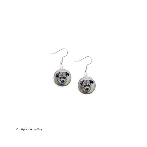 Silver Plated Border Terrier Dog Art 16mm Earrings