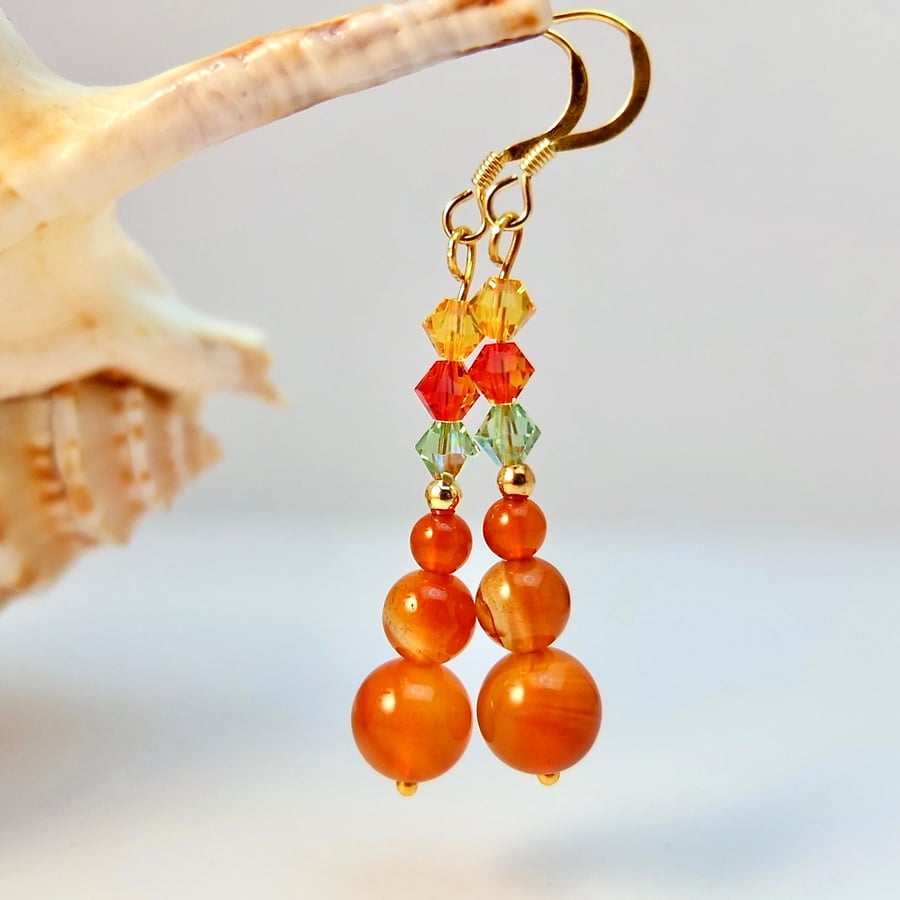 Natural Carnelian Earrings With Swarovski Crystals - Handmade In Devon.