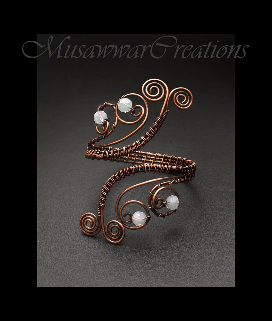 Antique Copper Wire wrapped bracelet cuff,white crystal agate bracelet-wire wrap