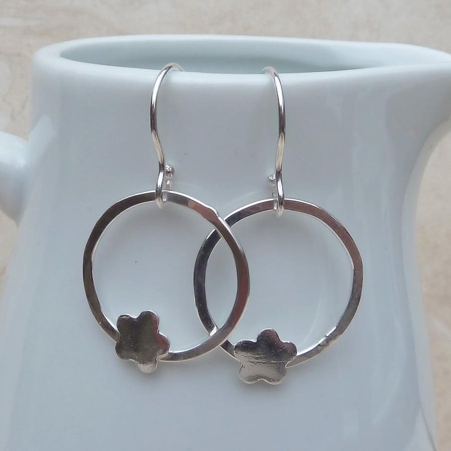 Sterling Silver Hoop Earrings with Flower Detail - SILV022