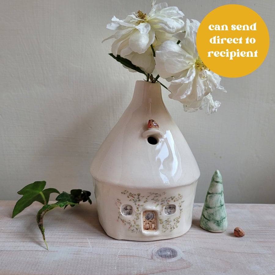 Handmade ceramic house bud vase with robin bird, Christmas pottery new home