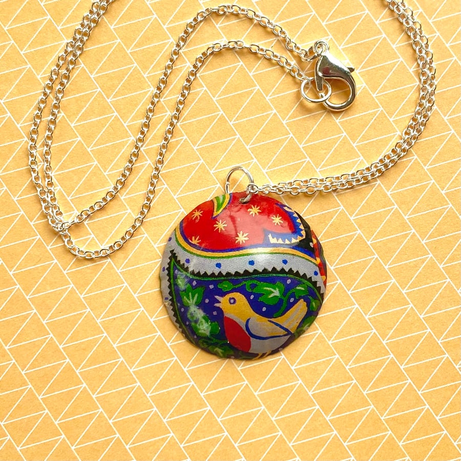 Recycled vintage tin domed multicoloured robin pendant necklace