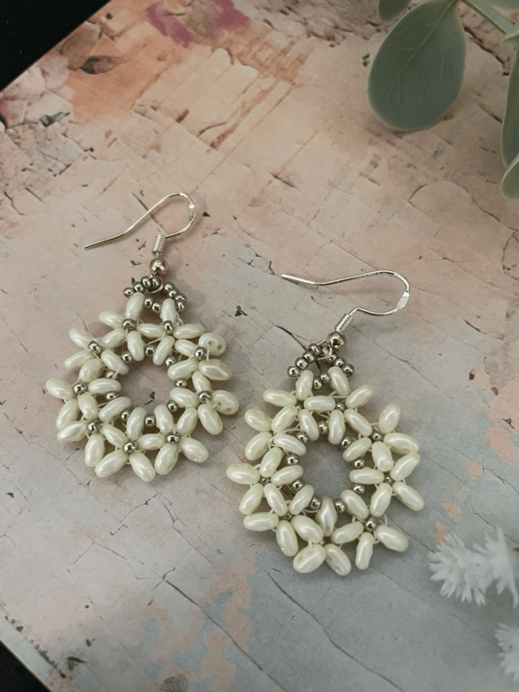 Daisy design hand crafted beaded hoop dangle earrings , statement jewelery