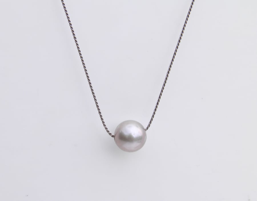 Pearl Necklace on Silk Large Silver Grey Pearl