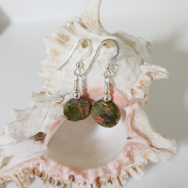 Sterling Silver Drop Earrings With Unakite Green & Pink Natural Stones