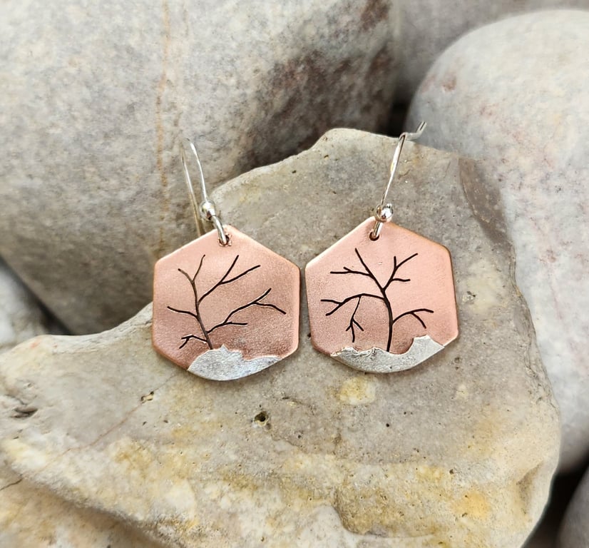 Tree landscape hexagon shaped earrings in copper and sterling silver