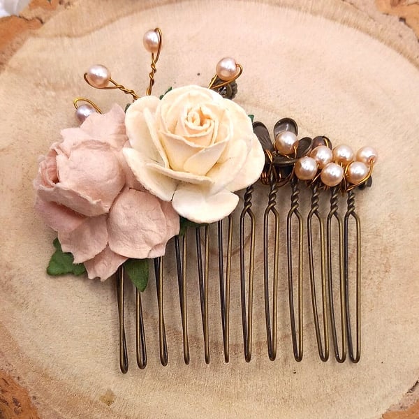 Cream rose and pearl hair comb.