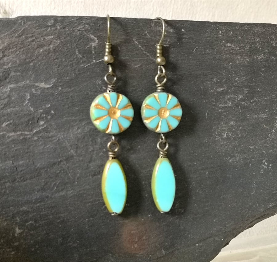 Turquoise Czech glass bead and antique gold earrings 