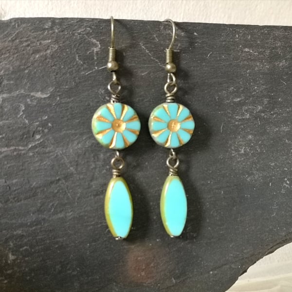 Turquoise Czech glass bead and antique gold earrings 