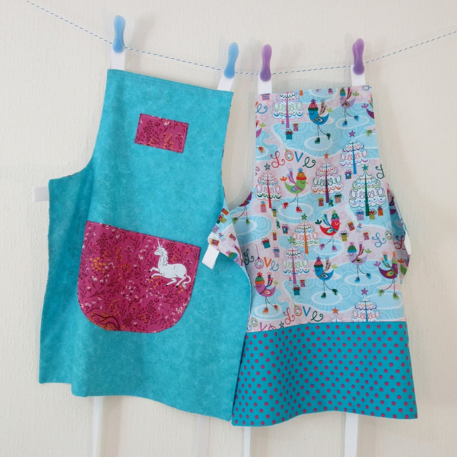 Child's Apron - Unicorns and Love Birds, reversible and adjustable 