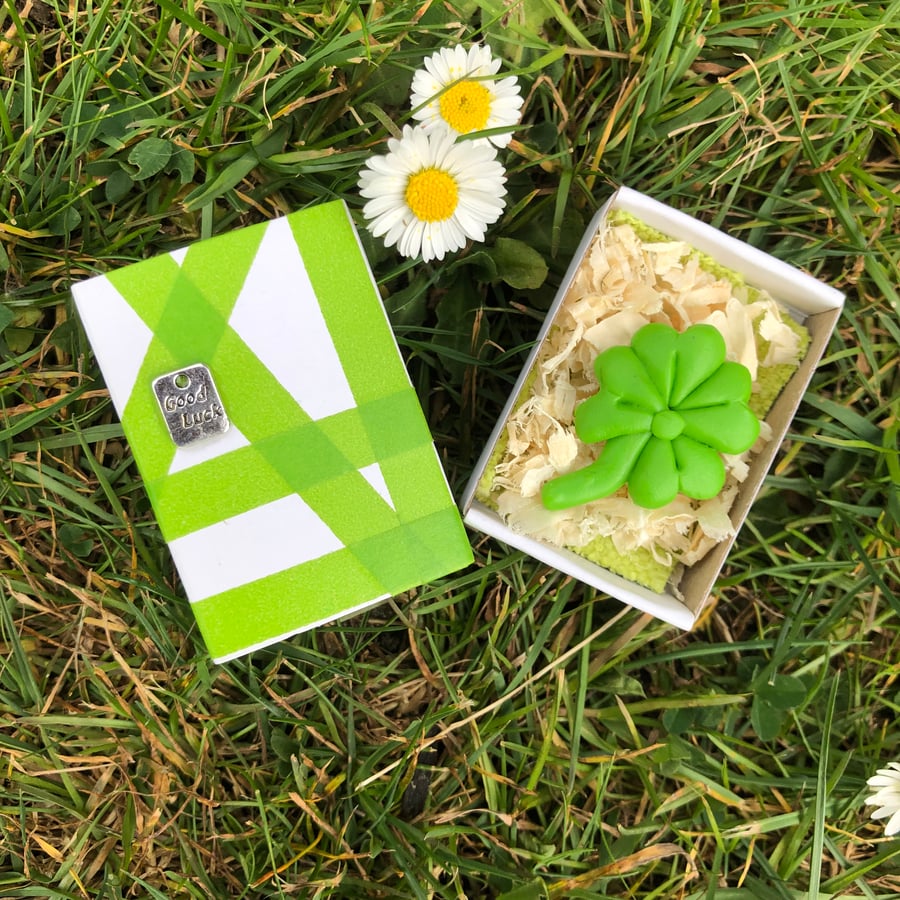 Good Luck Polymer Clay Four Leaf Clover Matchbox Message Lucky Charm