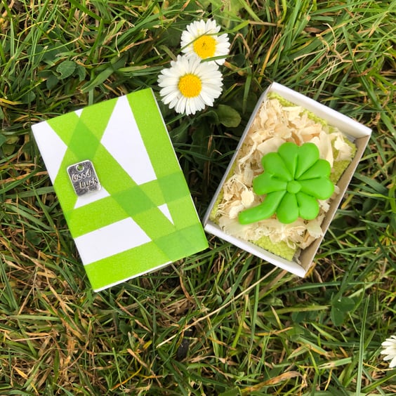 Good Luck Polymer Clay Four Leaf Clover Matchbox Message Lucky Charm