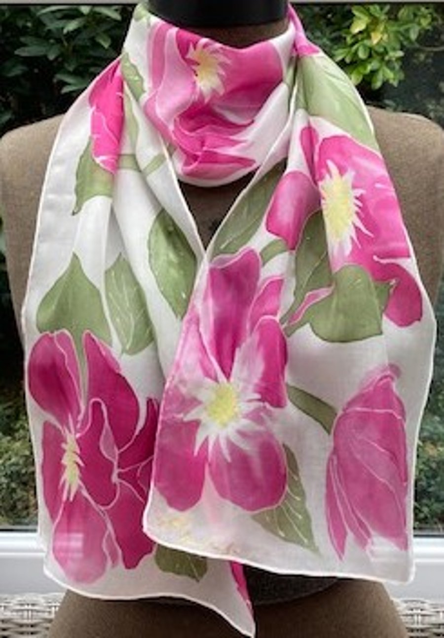 Pink Peonies  hand painted silk scarf. Floral silk scarf