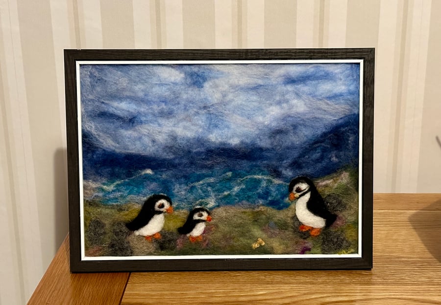 Needlefelted Picture. Puffin Family Picture 