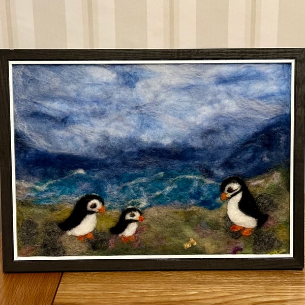 Needlefelted Picture. Puffin Family Picture 