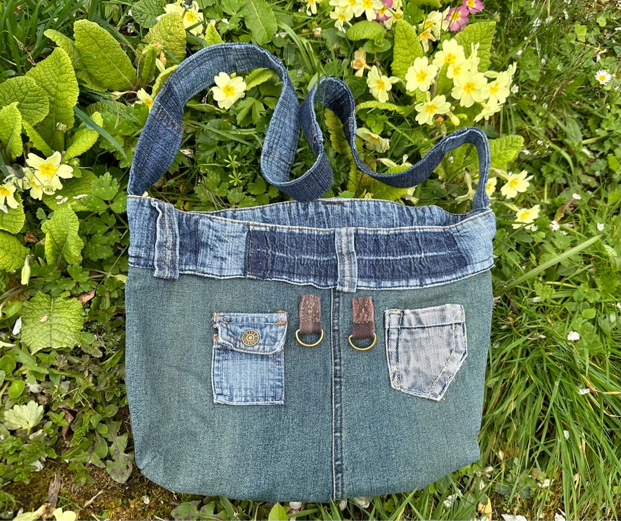 Denim upcycled fully lined shoulder tote bag with 4 pockets.