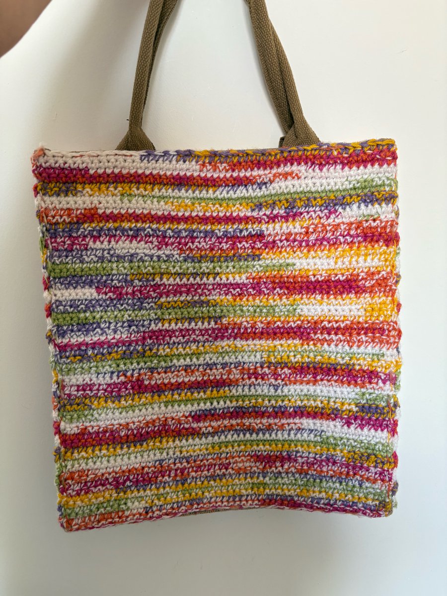 Tutti frutti crochet decorated jute tote bag. 