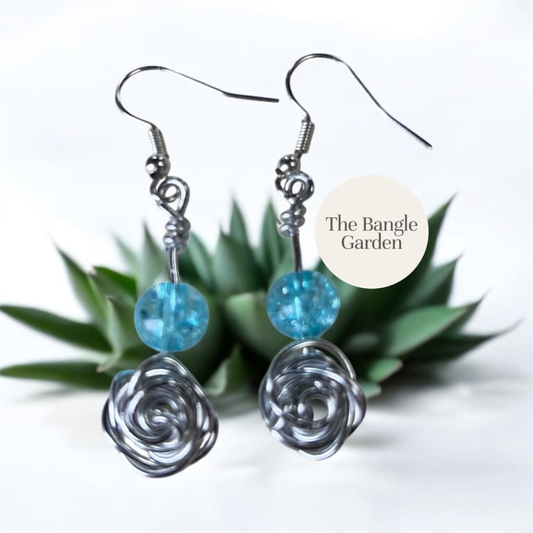Wire wrapped Rose & Blue Bead Earrings