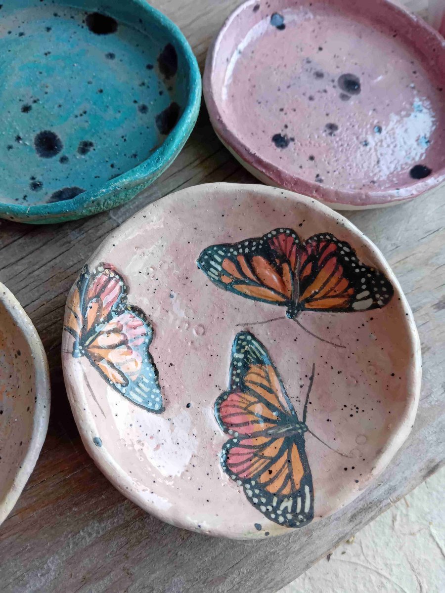 Ceramic trinket dish handpainted rustic earthenware pottery-monarch butterflies