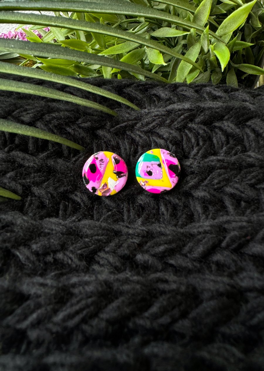 Abstract Animal Print Earrings - Small Studs Yellow