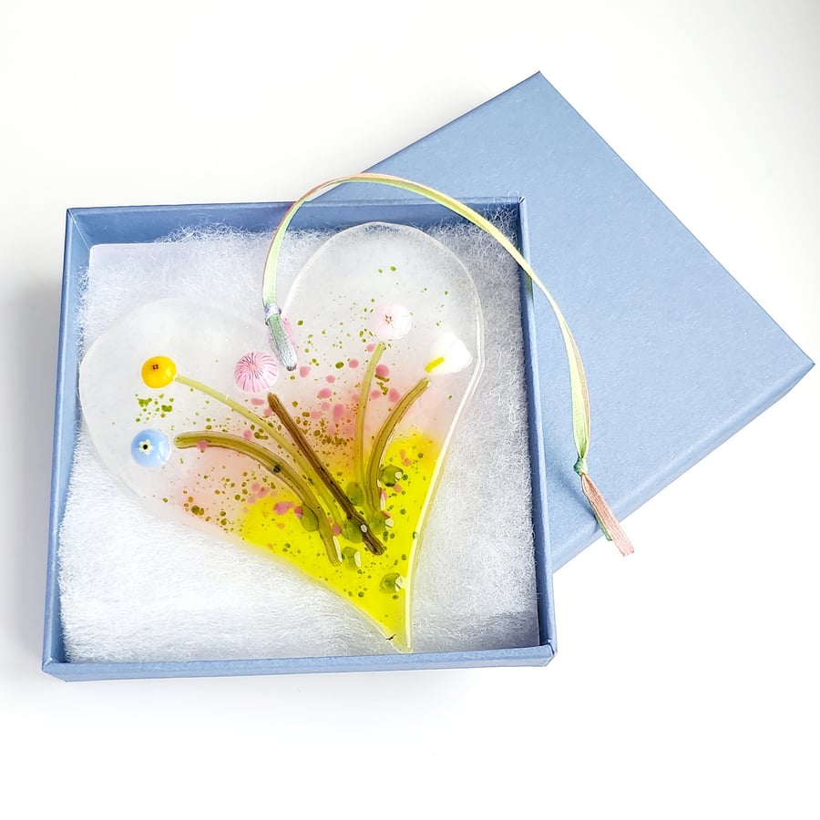 Fused Glass Floral Heart Suncatcher, Letterbox Gift