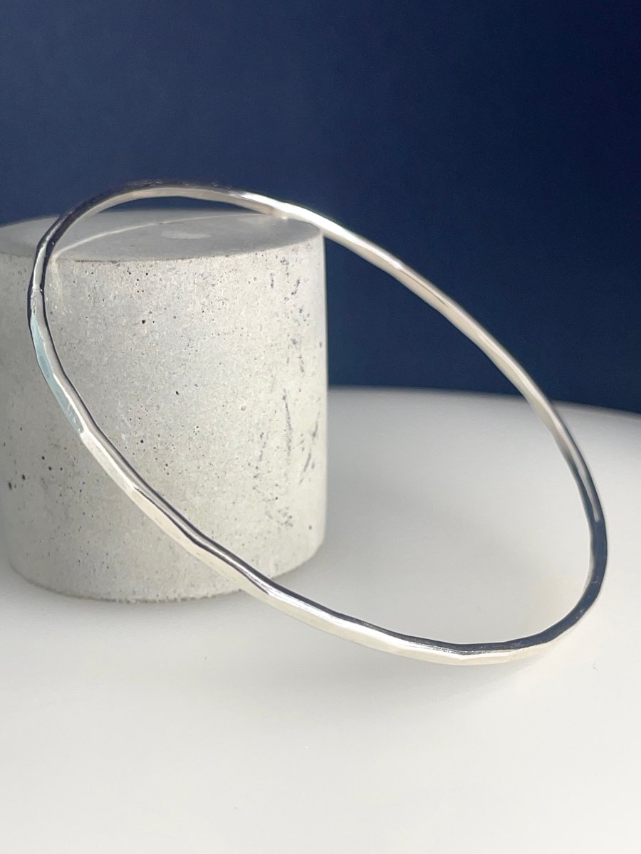Sterling Silver Solid 2mm Round Stacking Bangle Hammered-Faceted Sizes S-M-L-XL 