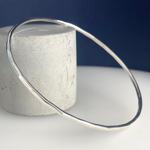 Sterling Silver Solid 2mm Round Stacking Bangle Hammered-Faceted Sizes S-M-L-XL 