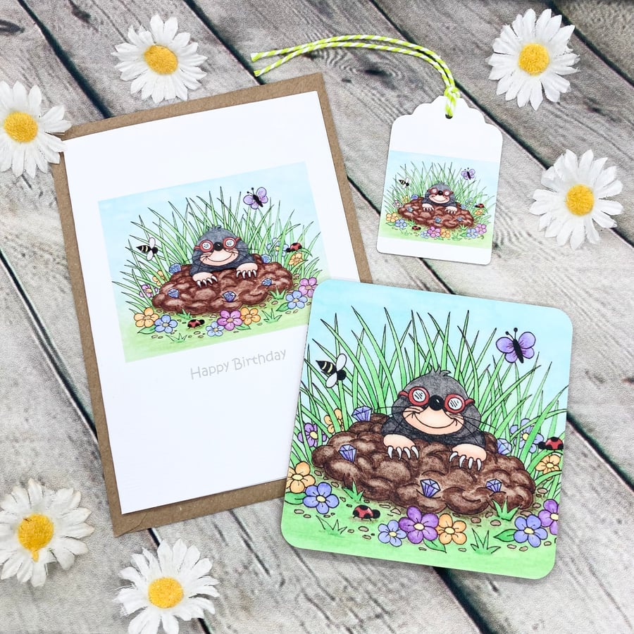 Mole Card, Gift Tag & Coaster Gift Set - Mole In A Hole 