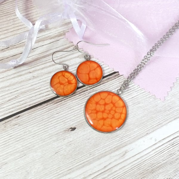 Bright Orange enamel and resin pendant and dangle earring set