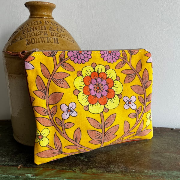 Vintage fabric reclaimed Roundelay retro print cotton and corduroy zip pouch
