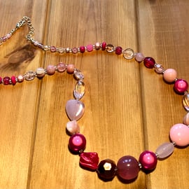 Pink recycled bead necklace 