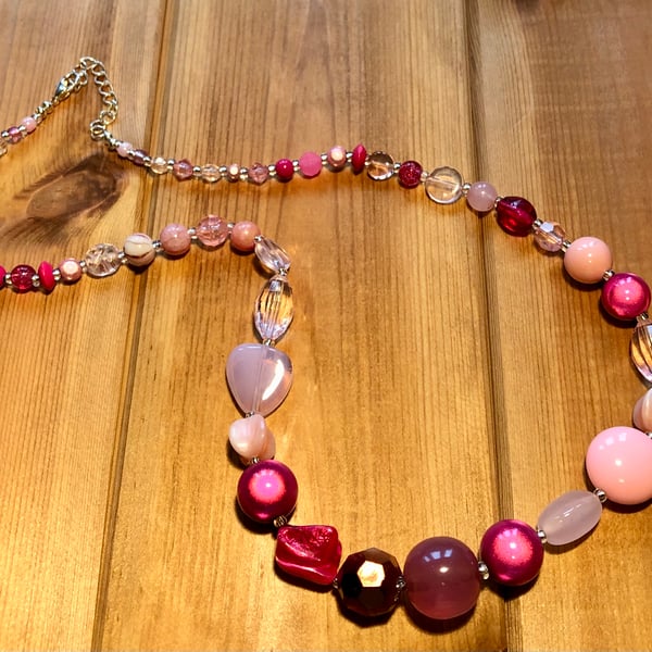 Pink recycled bead necklace 