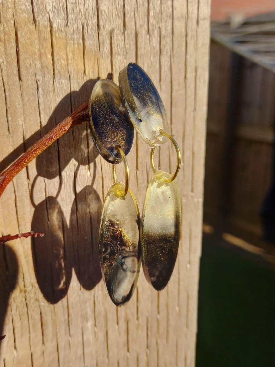Large Black and Gold Oval Stud Dangle Earrings