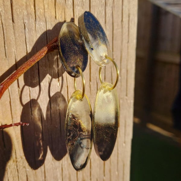 Large Black and Gold Oval Stud Dangle Earrings