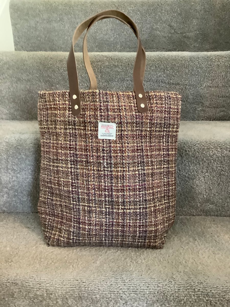 Authentic Red check  Harris tweed  tote bag with leather handles,