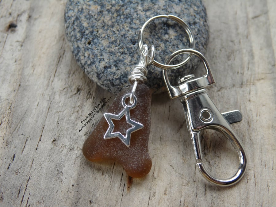 Light Amber Cornish Sea Glass with Star Charm Bag Charm Keyring K442