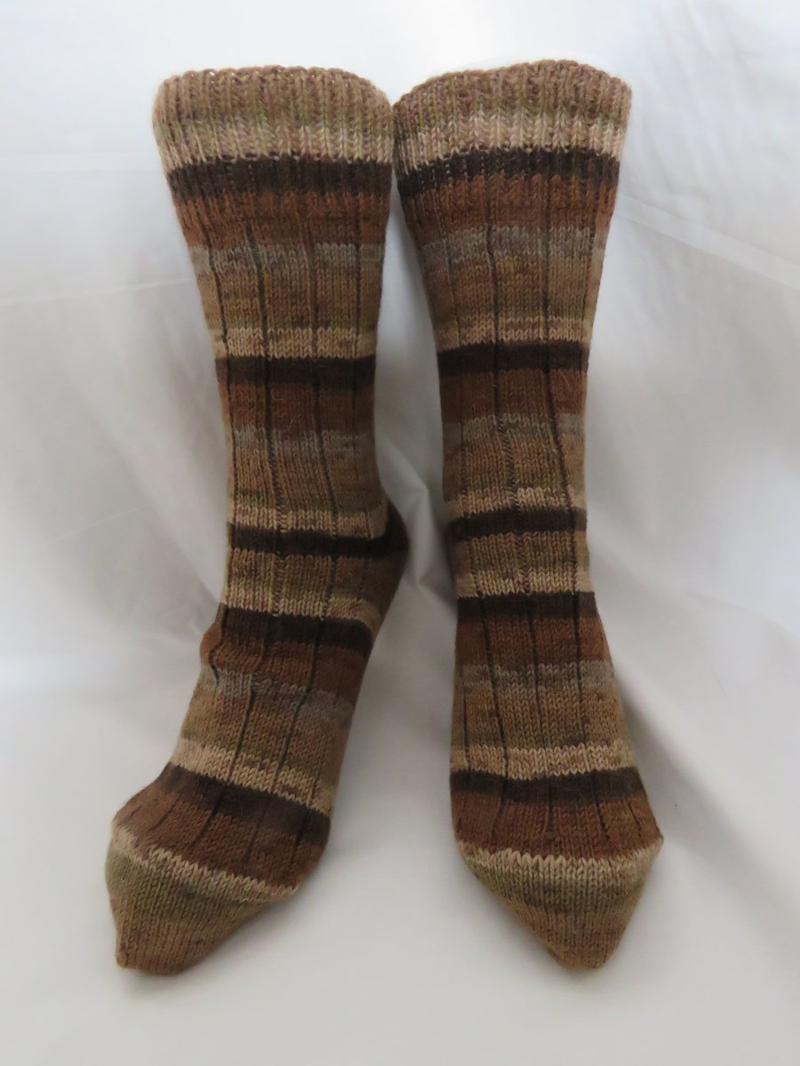 Hand-cranked Knitted Ribbed Wool Socks Size 8 to 9