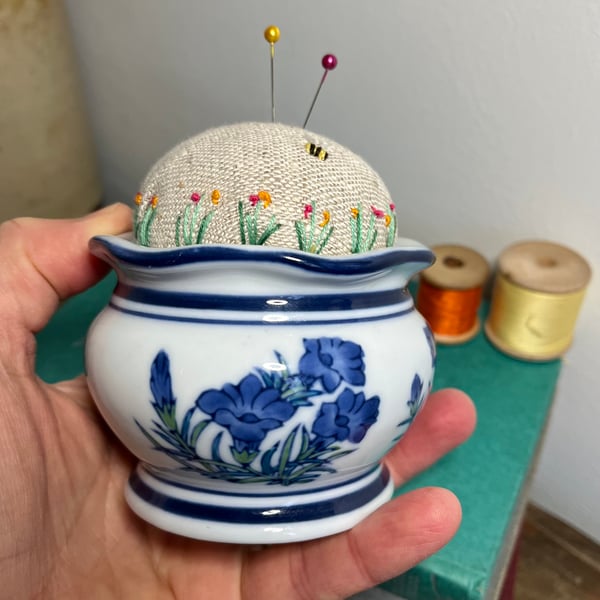 Blue and white vase embroidered pin cushion with bee and flowers