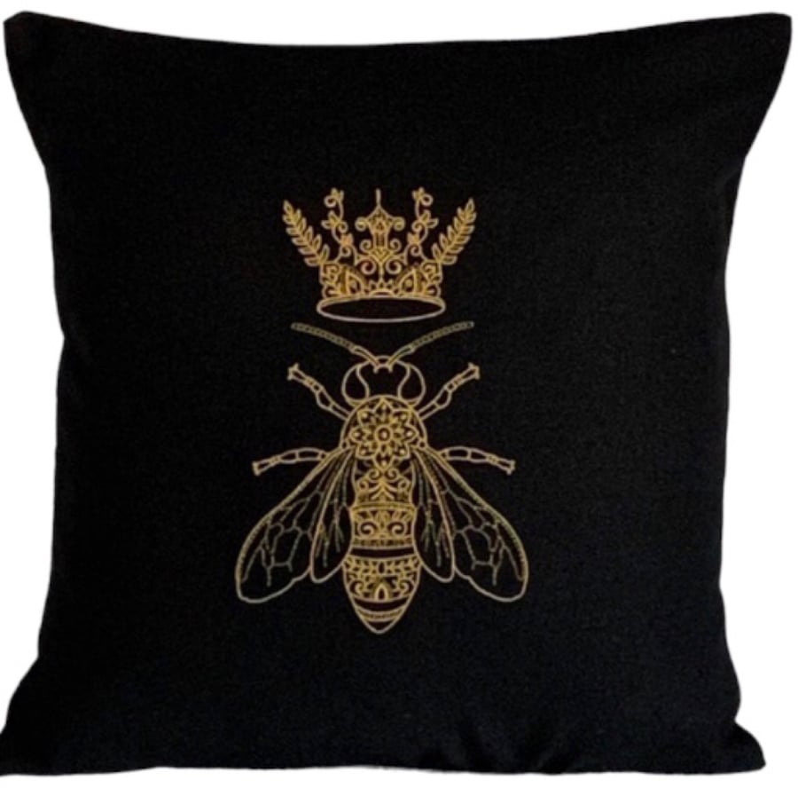 Gold Queen Bee Embroidered Cushion Cover BLACK 