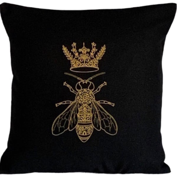 Gold Queen Bee Embroidered Cushion Cover BLACK 